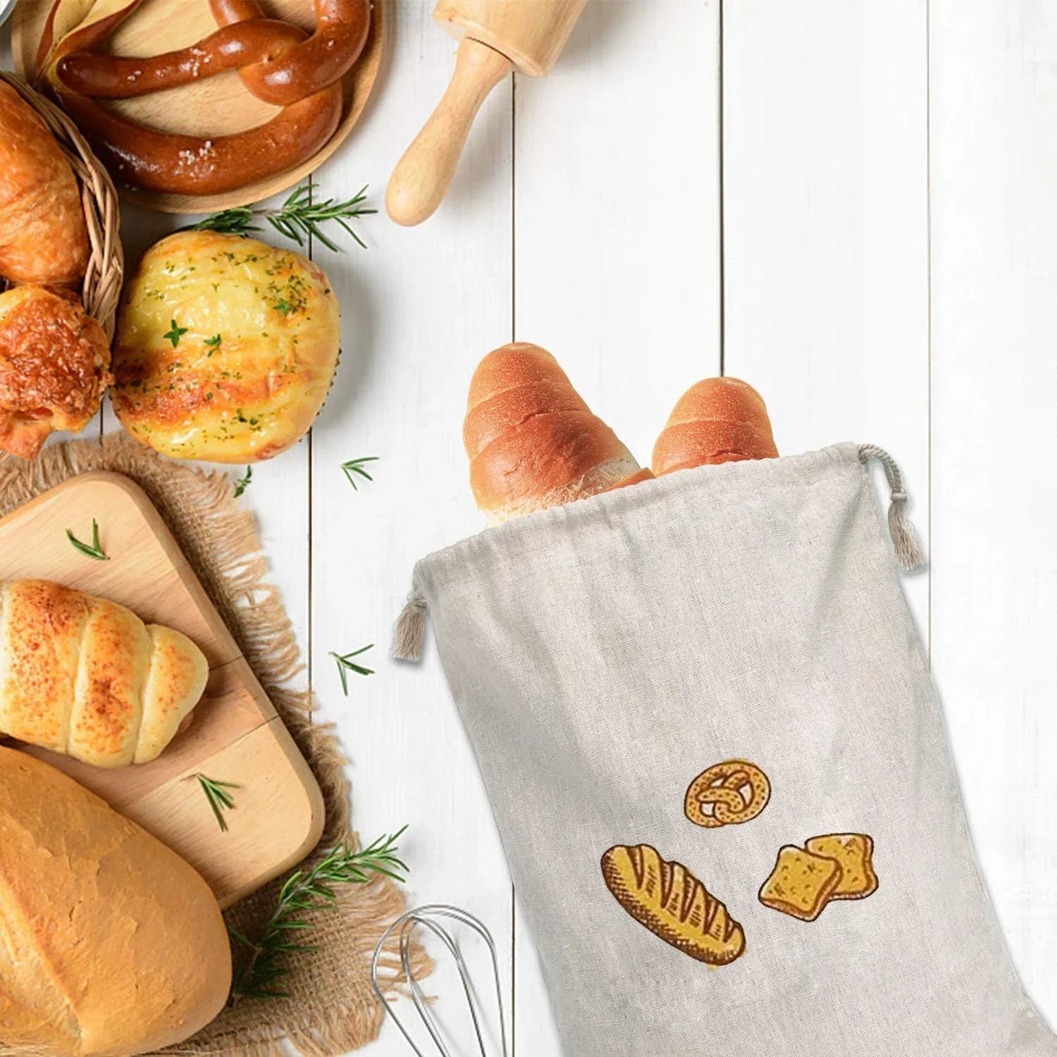 Sacs à pain en lin réutilisables avec cordon de serrage, grand rangement lavable, accessoires alimentaires, sac de rangement du pain, organisateur de cuisine non blanchi à la maison