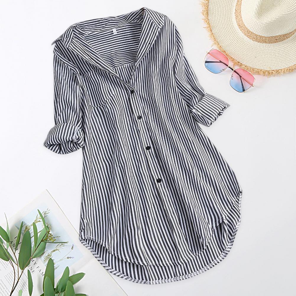 Chemisier Tunique Femme Rayé à Manches Longues Col V Mi-long Col Rabattu Coupe Ample Décontracté Élégant Été Tailles M-4XL