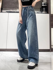 Jean ample à jambes larges, taille haute, bleu clair, grande taille, taille élastique, pantalon Dstring, pantalon Long amincissant