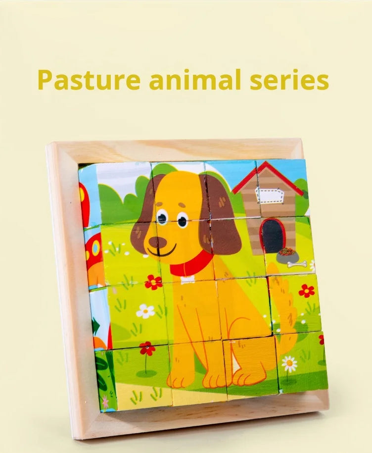 Puzzle en bois peint à Six côtés, blocs de construction tridimensionnels pour animaux de la circulation, jouet éducatif pour l'éducation précoce