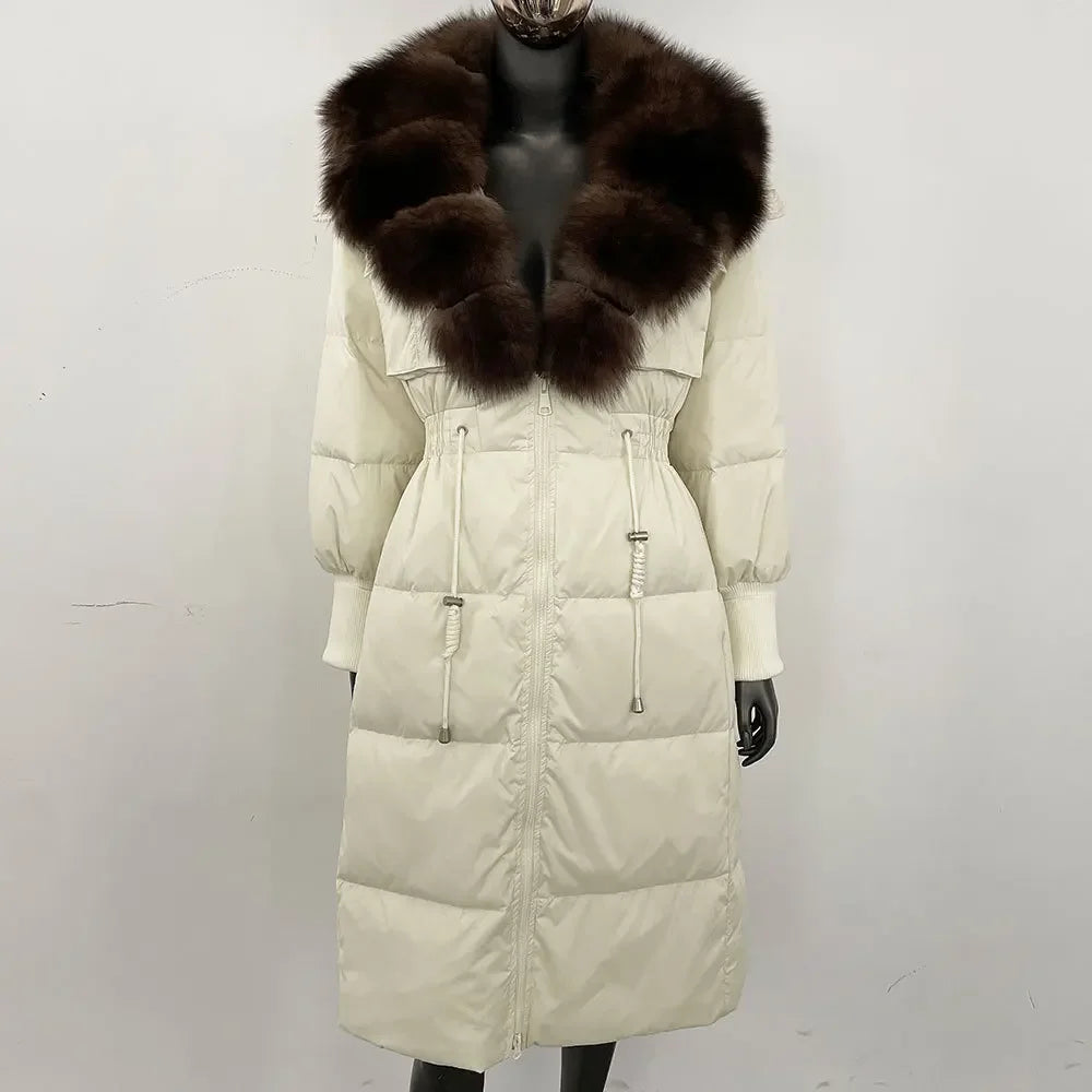 Doudoune longue avec col en fourrure pour femme, pardessus en fourrure de renard, longueur aux genoux, à la mode, chaude, cintrée à la taille, vêtements d'extérieur amincissants