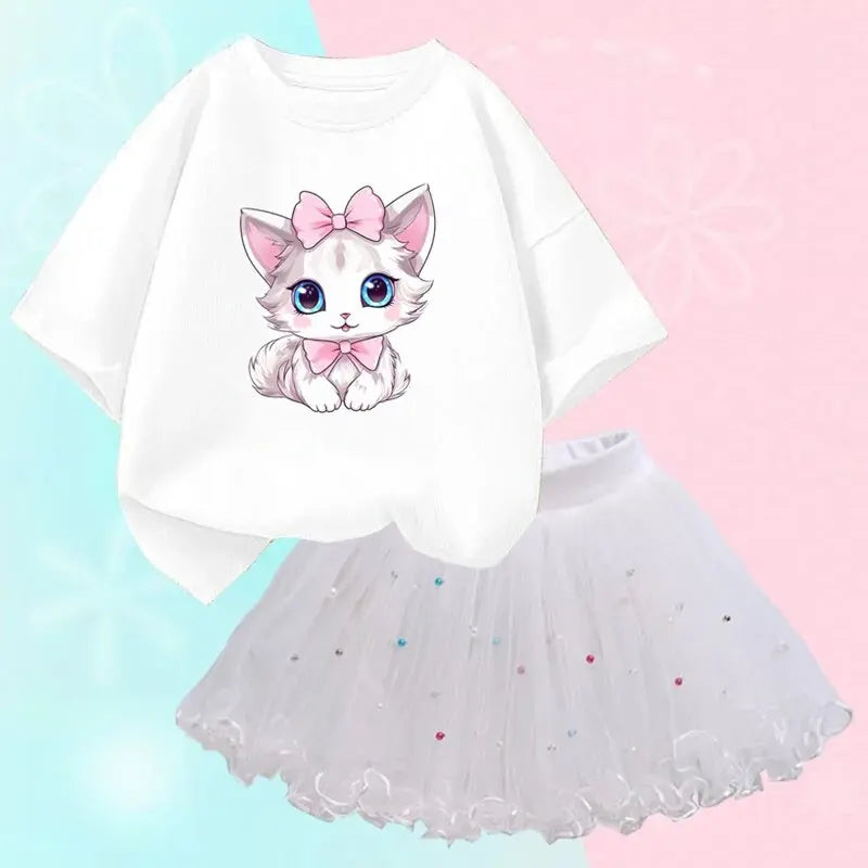 Tenues d'été mignonnes pour filles, T-shirt chat dessin animé et jupe tutu, vêtements de princesse pour filles, vêtements d'anniversaire pour enfants, 2 pièces/ensemble