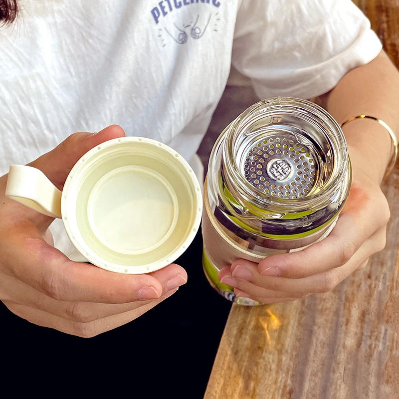 Bouteille en verre Portable de 340ML et 480ML, mignonne, résistante à la chaleur, pour boire de l'eau froide, du jus de thé, avec couvercle à vis, filet filtrant facile à transporter