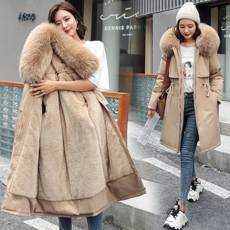 Veste d'hiver 2025 nouvelles femmes Parka vêtements manteau Long doublure en laine veste à capuche col de fourrure épais chaud vêtements de neige rembourré Parka 6XL