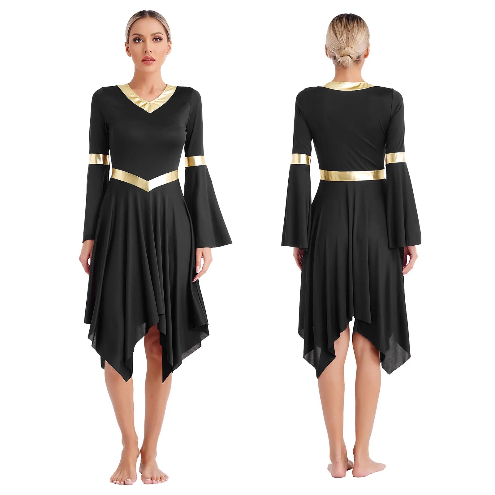 Robe de danse lyrique à manches longues pour femmes, robe à ourlet irrégulier, costume de spectacle liturgique, vêtements de danse modernes, culte de la chorale d'église