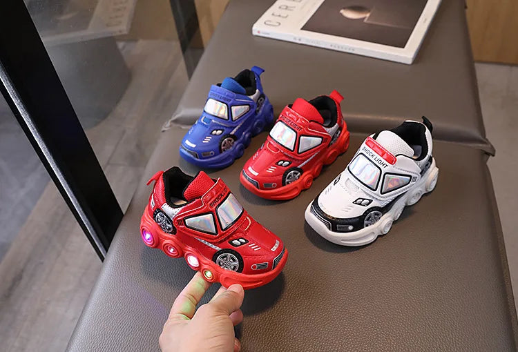 Diseny enfants chaussures décontractées lumière LED voiture Club dessin animé en cuir PU printemps chaussures pour enfants anti-dérapant rouge bleu chaussures taille 21-30