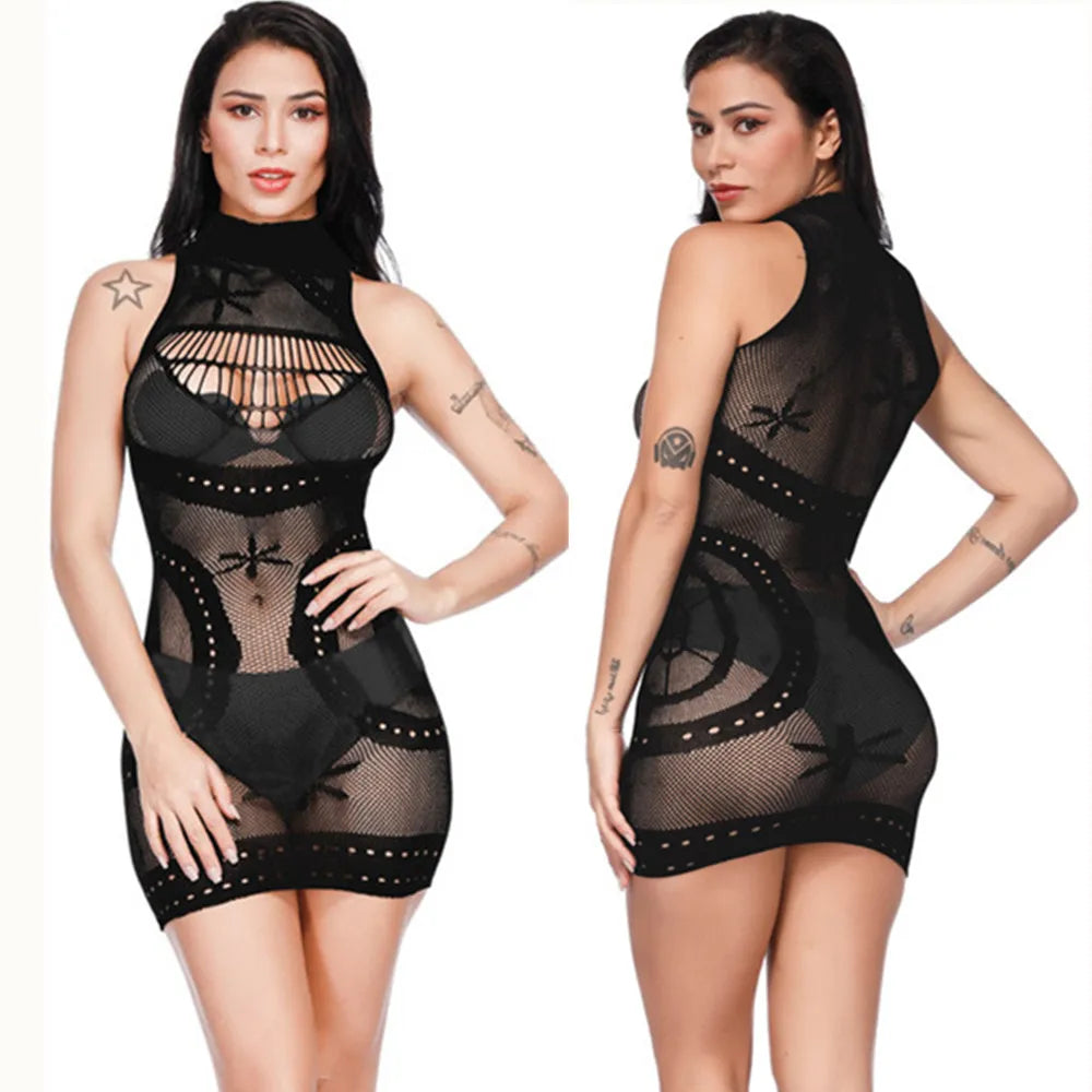 Sexy femmes résille licou robe dos nu coupe basse serré crayon robe mignonne grande taille Mini robe boîte de nuit robe de danse Beatchwear