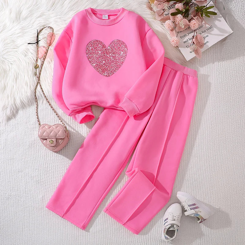 Ensemble de vêtements chauds pour enfants, couleur unie, imprimé cœur, haut et pantalon, sport décontracté, ample, vêtements de salon, automne et hiver