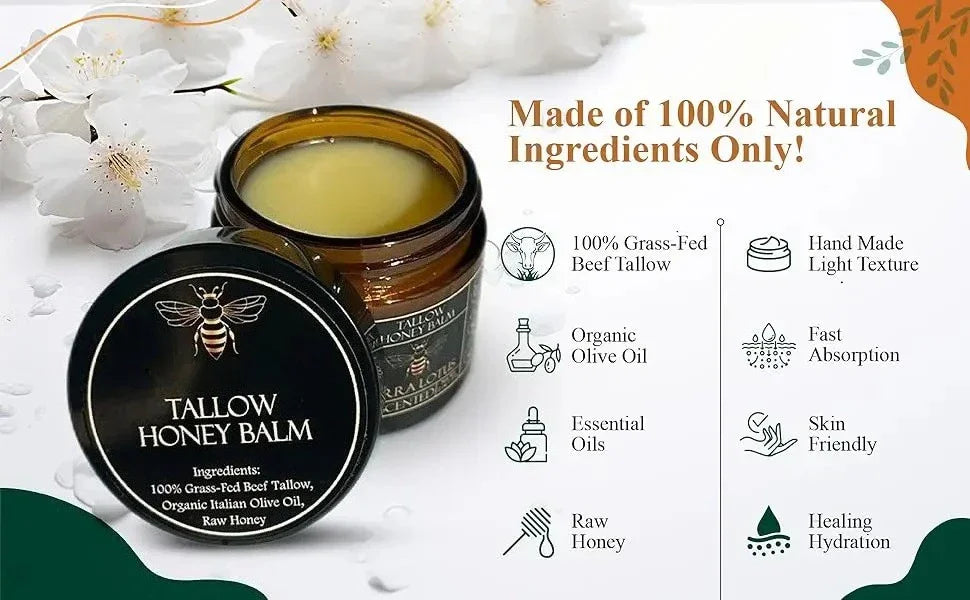 Baume Tallow de boeuf alimenté en herbe biologique, crème hydratante au miel cru pour une peau douce et lisse, hydratant entièrement naturel fait à la main