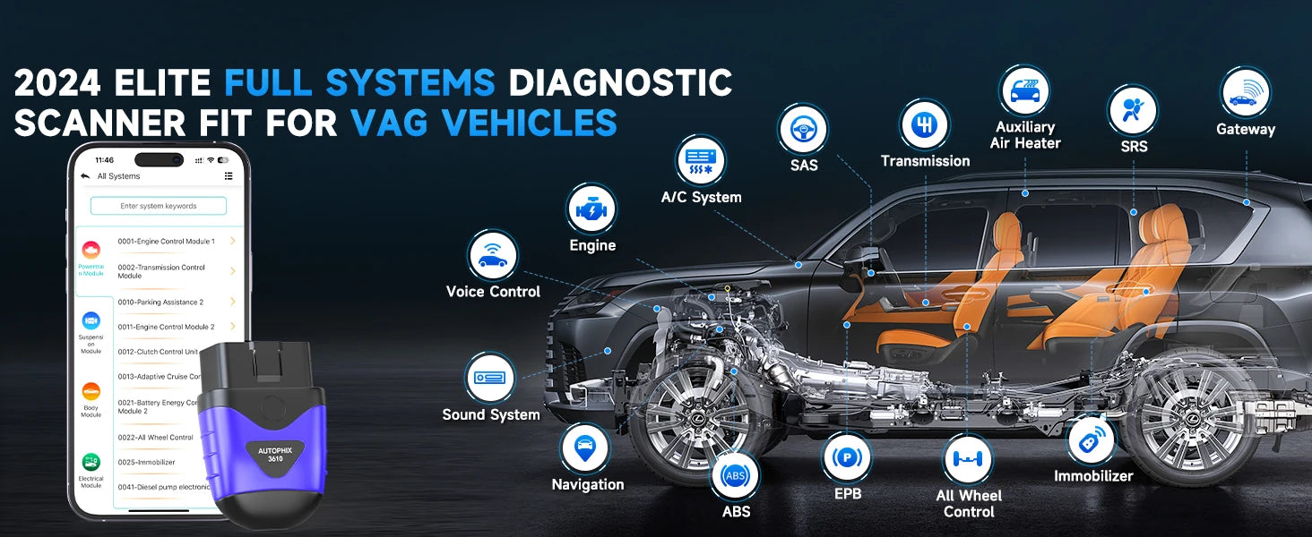 AUTOPHIX 3610 outil de Diagnostic Bluetooth pour VAG VW Audi Skoda SEAT 12V voitures système complet OBD2 Scanner lecteur de Code ABS SRS EPB