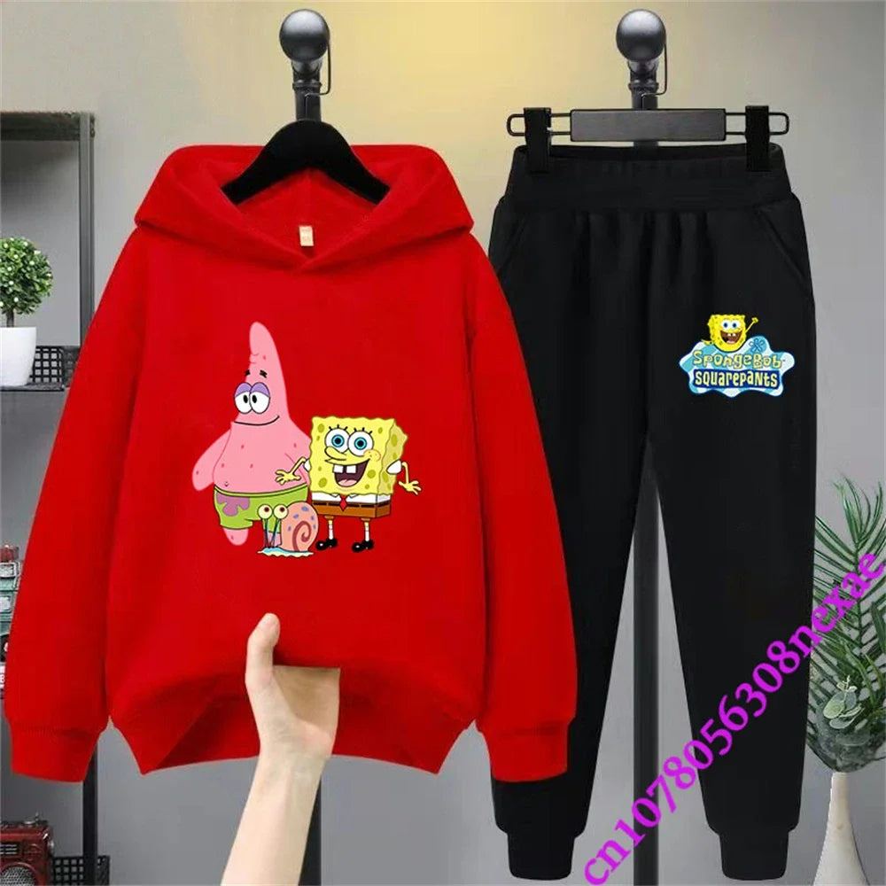 Spongebob-Pull imprimé dessin animé pour enfants, vêtements pour garçons et filles, imbibé, printemps et automne, Sportif, fjedly, 2 pièces