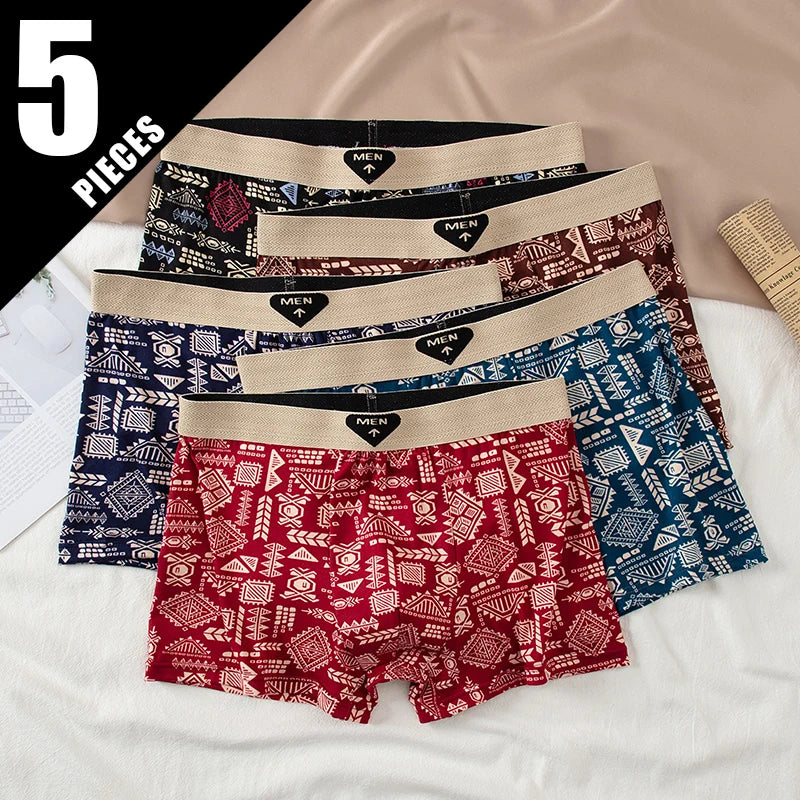 Fashionable and versatile printed underwear for men, 5-piece set, all seasons, comfortable, plus size, youthful boxer shorts, casual shorts