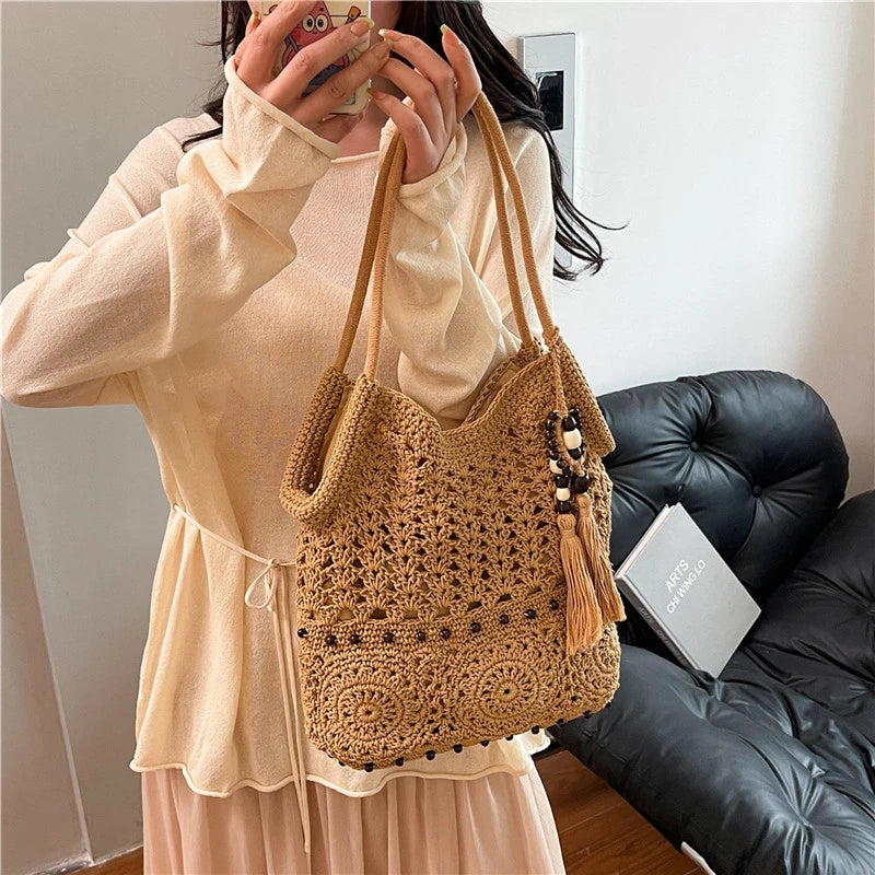 Sac à main tissé de grande capacité, sac à bandoulière ajouré, fourre-tout en Crochet, fourre-tout bohème tissé pour femmes, sacs de Shopping tricotés