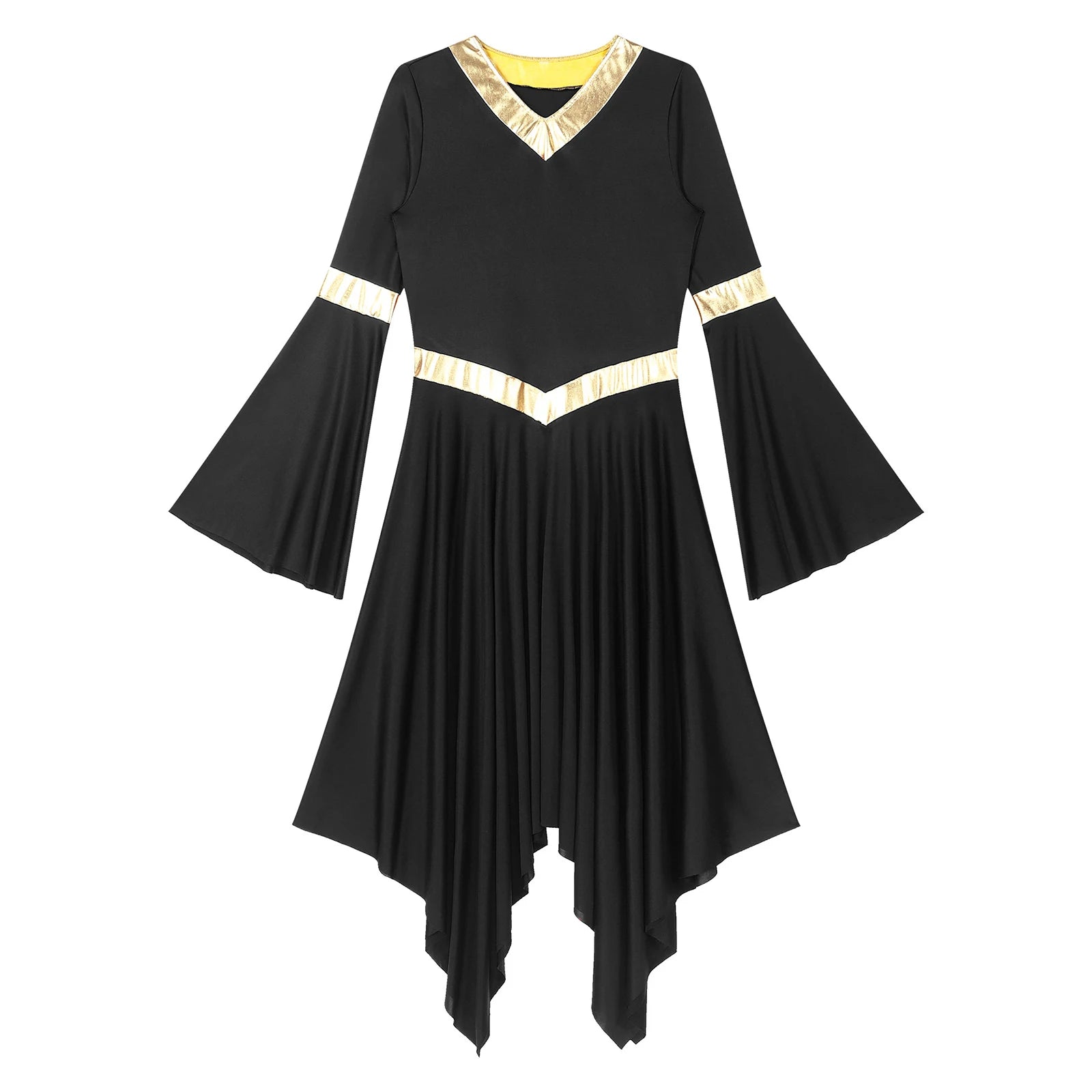 Robe de danse lyrique à manches longues pour femmes, robe à ourlet irrégulier, costume de spectacle liturgique, vêtements de danse modernes, culte de la chorale d'église