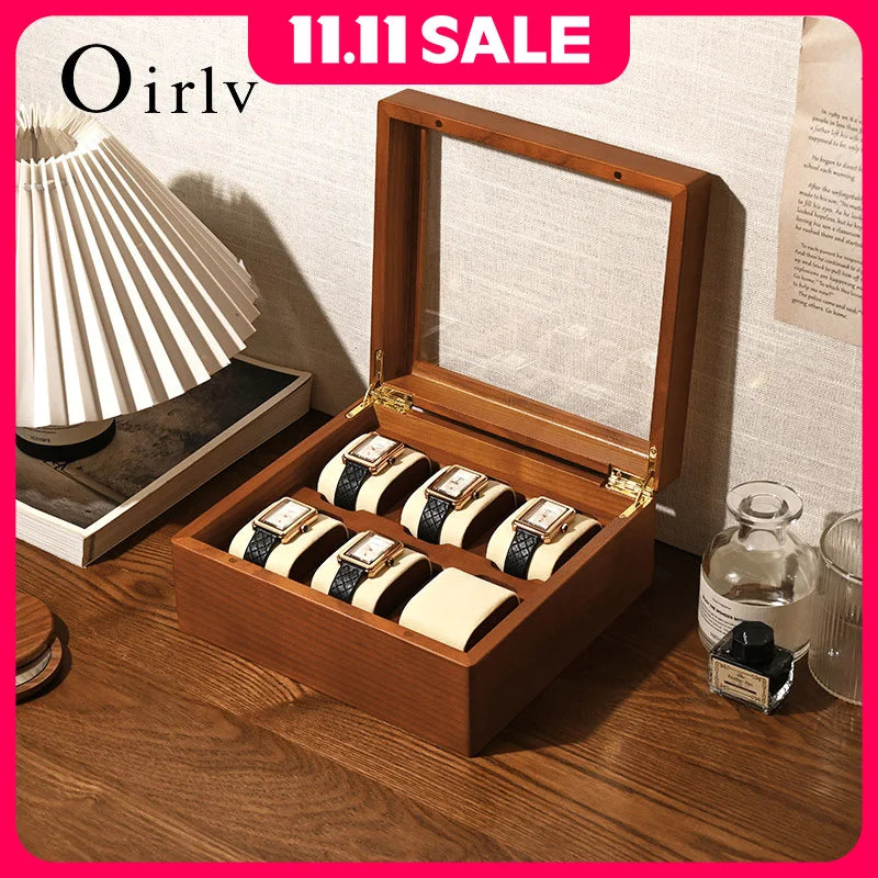 Oirlv boîte de rangement de montre en bois délicate couvercle en verre anti-poussière boîte de montre boîte de collecte de montre-bracelet affichage stockage boîte de montre à 6 grilles