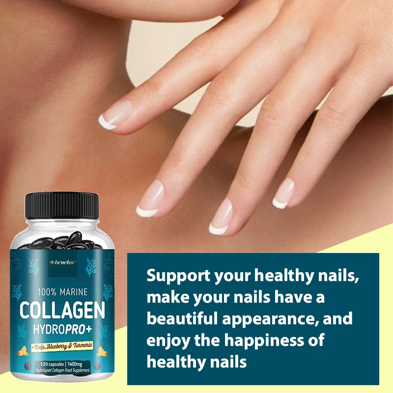 Puissant collagène marin - avec varech, myrtille et curcuma - 1400 mg Supplément de collagène hydrolysé pour cheveux, peau et ongles sains