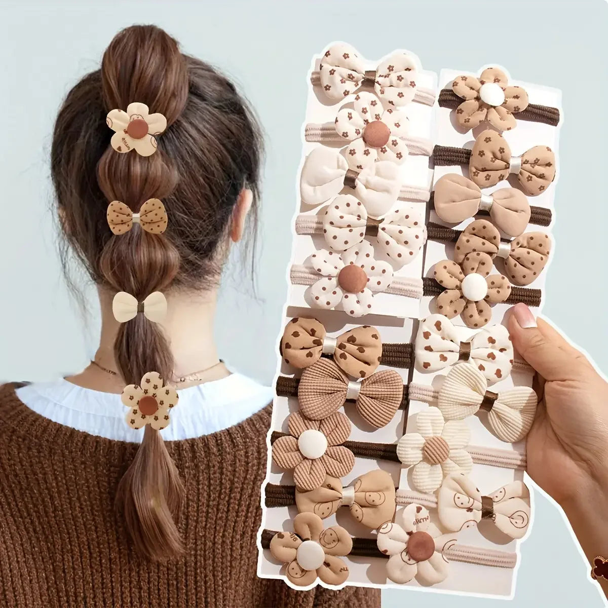 Set of 10 sporty hair accessories for girls with a floral design and a bow tie, in light beige color.