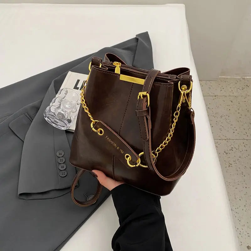 Women's PU leather chain bucket bag, Korean style handbag, shoulder bag, 2025 