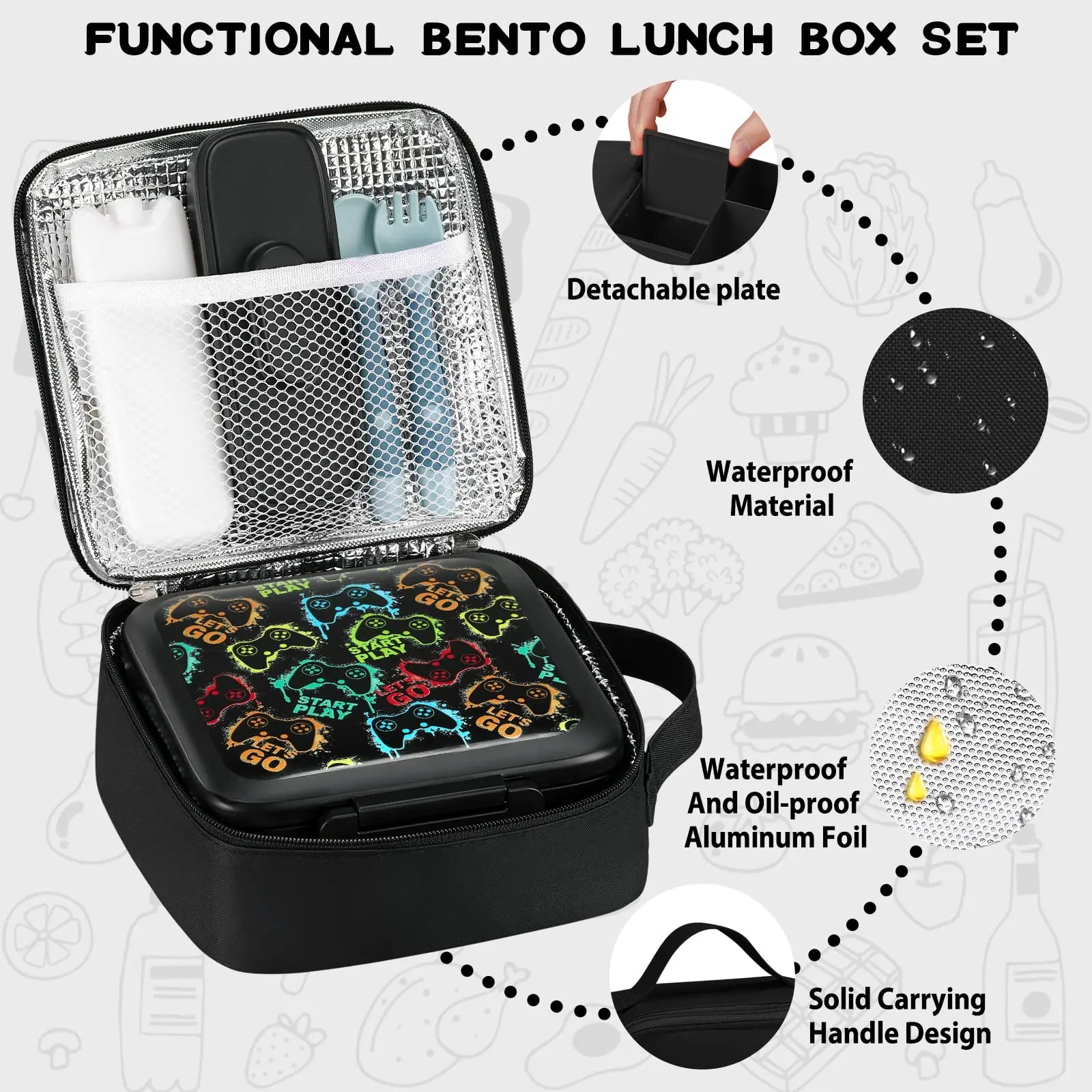 Boîte à déjeuner Bento pour enfants avec pot alimentaire isolé sous vide de 8oz, sac à déjeuner, sac de glace et fourchette et cuillère pliables, anti-fuite