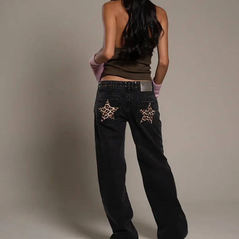 Y2K Vintage jean Flash argent étoile motif métal Rivet jean femme Baggy décontracté jambe droite Denim pantalon Simple femmes vêtements