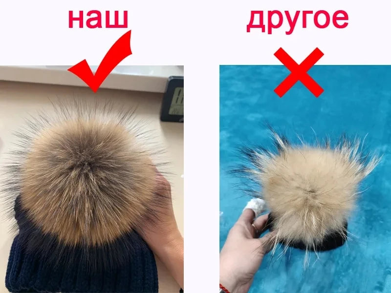 Parent-enfant chapeaux d'hiver mignon bébé fourrure Pompon chapeau écharpe ensembles réel naturel fourrure boule casquettes mère enfants chaud tricoté chapeaux hiver Bea