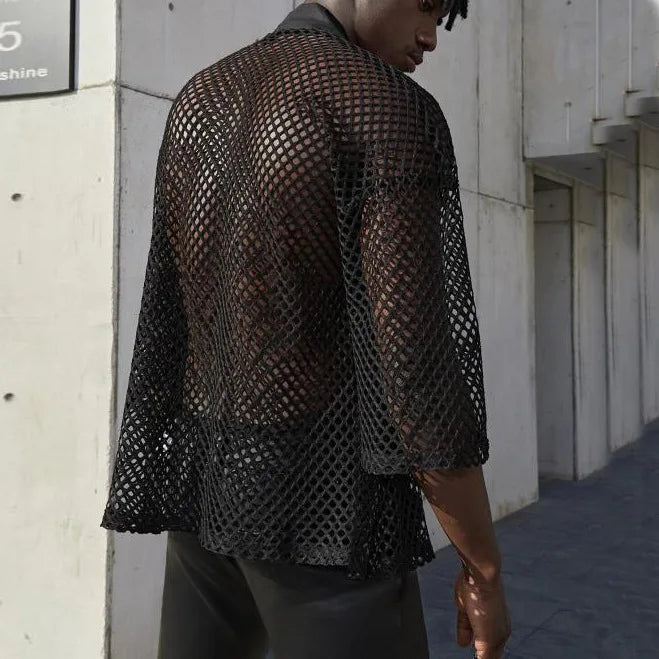 Hommes hauts en maille évider T-shirt masculin Cardigan châle Streetwear hommes mode Performance porter chemise haute Chemise Homme