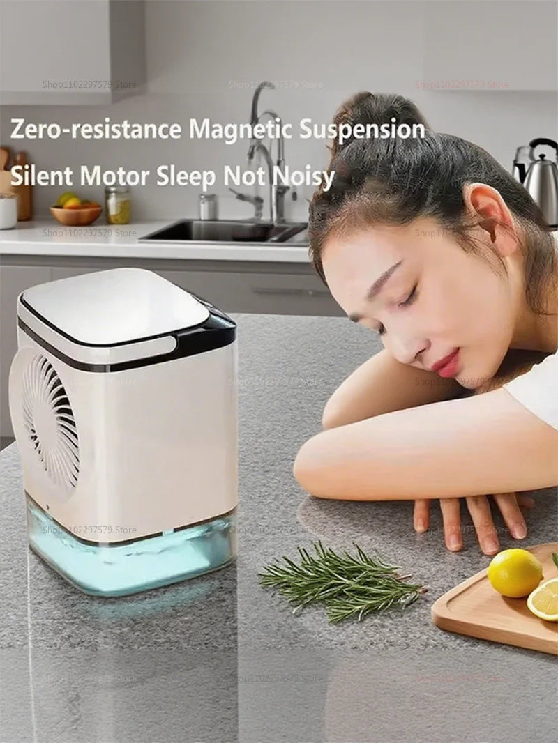 Mini portable desktop air cooler fan, quiet operation, equipped with a spray humidifier, ideal for cooling and hydrating, for the office and home.