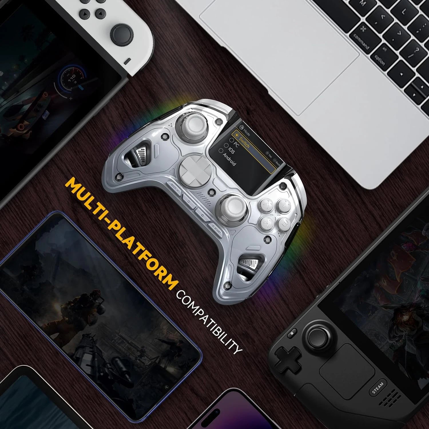 Contrôleur de jeu sans fil à écran interactif, pour Switch/PC/iOS/Android, bâton à effet Hall, lumière RGB 1800mAh avec station de chargement