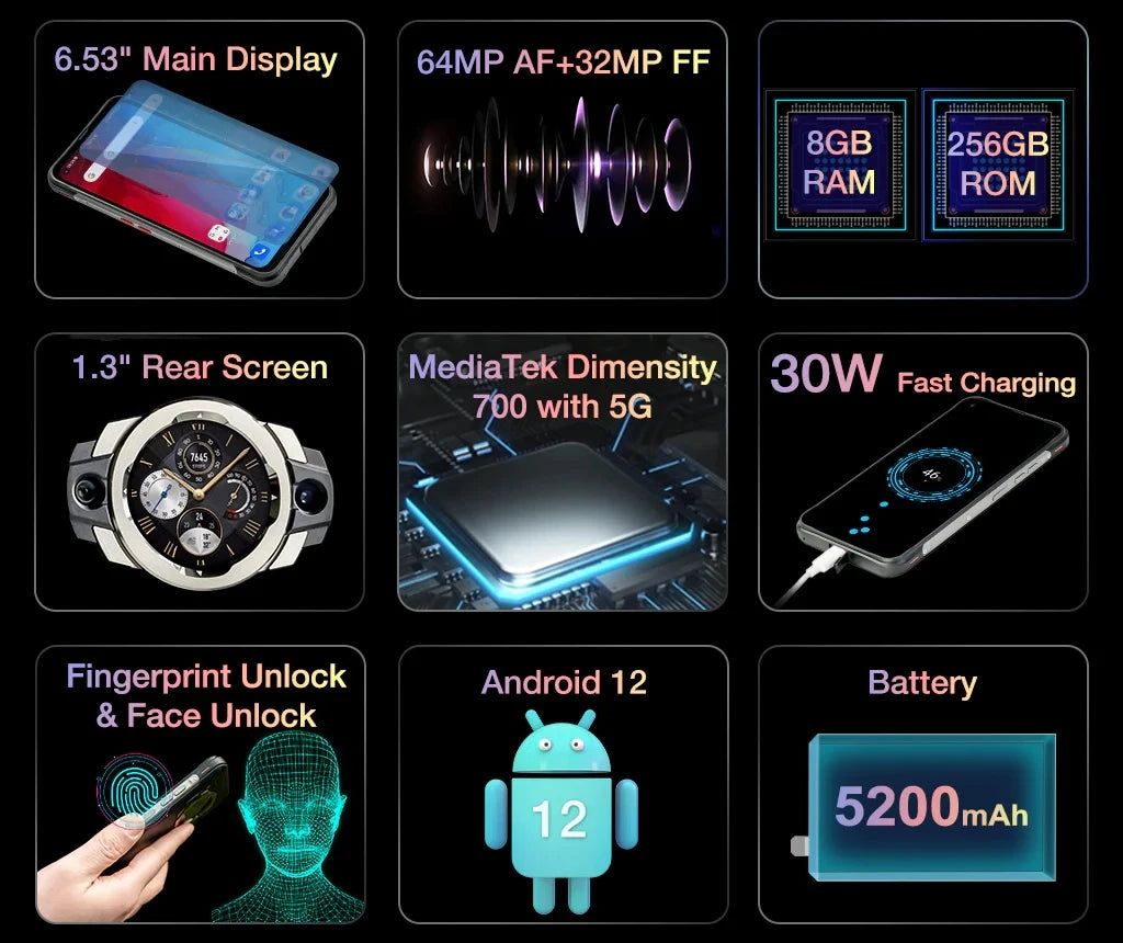 Unihertz Ticktock S Smartphone robuste 5G 8GB 256GB téléphone portable 5200mAh téléphone portable 64MP caméra 30W 6.53 "écran dimension 700