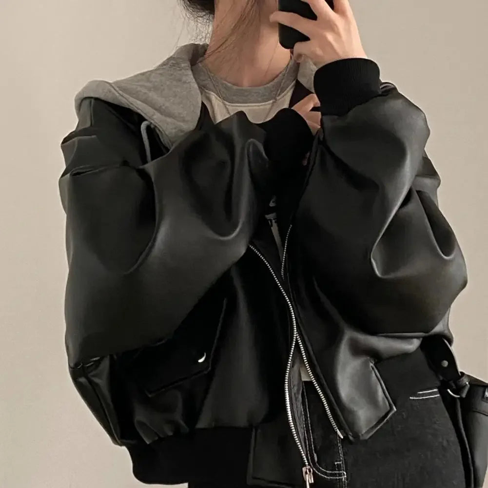 Women's Two-Piece PU Faux Leather Hooded Jacket, Short, Vintage, Casual, Fashionable, Spring/Autumn 2025