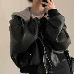 Women's Two-Piece PU Faux Leather Hooded Jacket, Short, Vintage, Casual, Fashionable, Spring/Autumn 2025