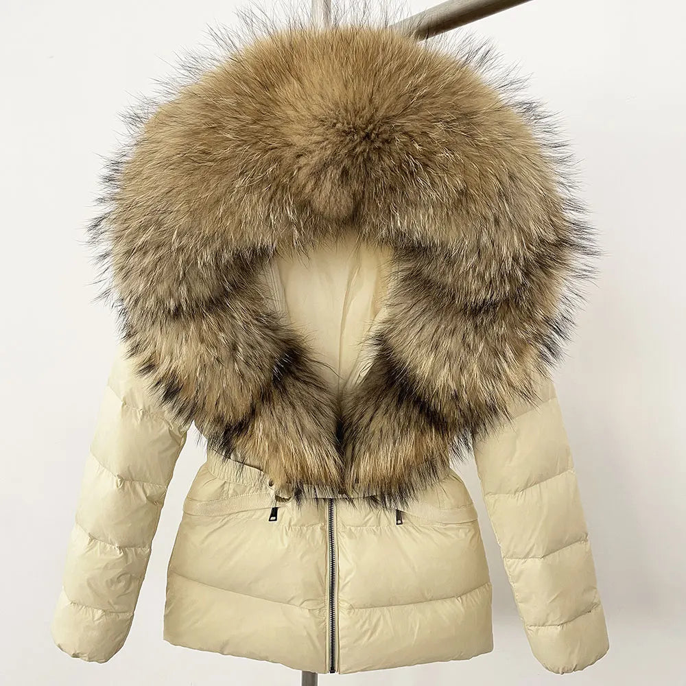 OFTBUY 2024 veste d'hiver femmes naturel réel raton laveur col de fourrure de renard à capuche blanc canard vers le bas manteau ceinture épais chaud vêtements d'extérieur décontractés