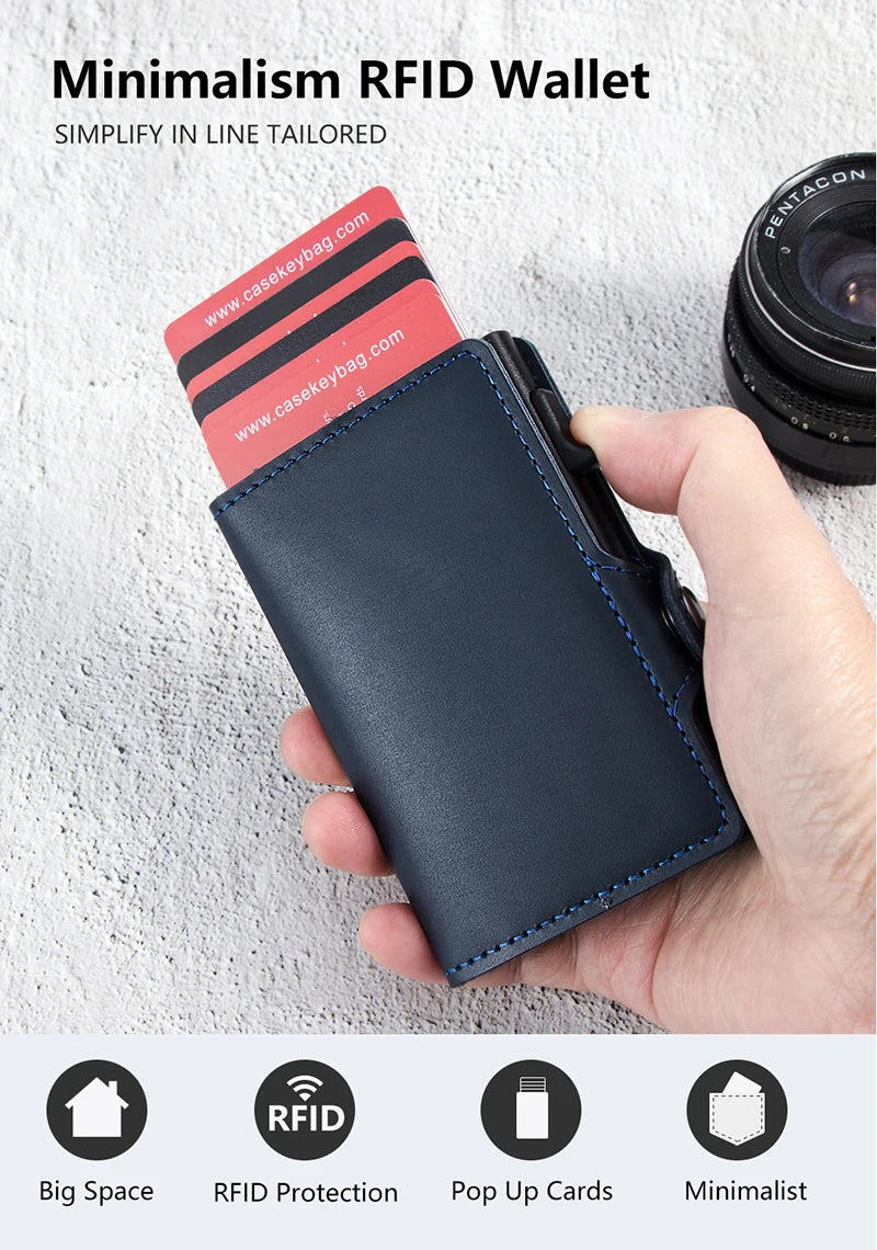 CASEKEY hommes portefeuilles véritable cuir de vache Pop Up affaires porte-carte de crédit RFID blocage mince intelligent portefeuille en Fiber de carbone avec poche