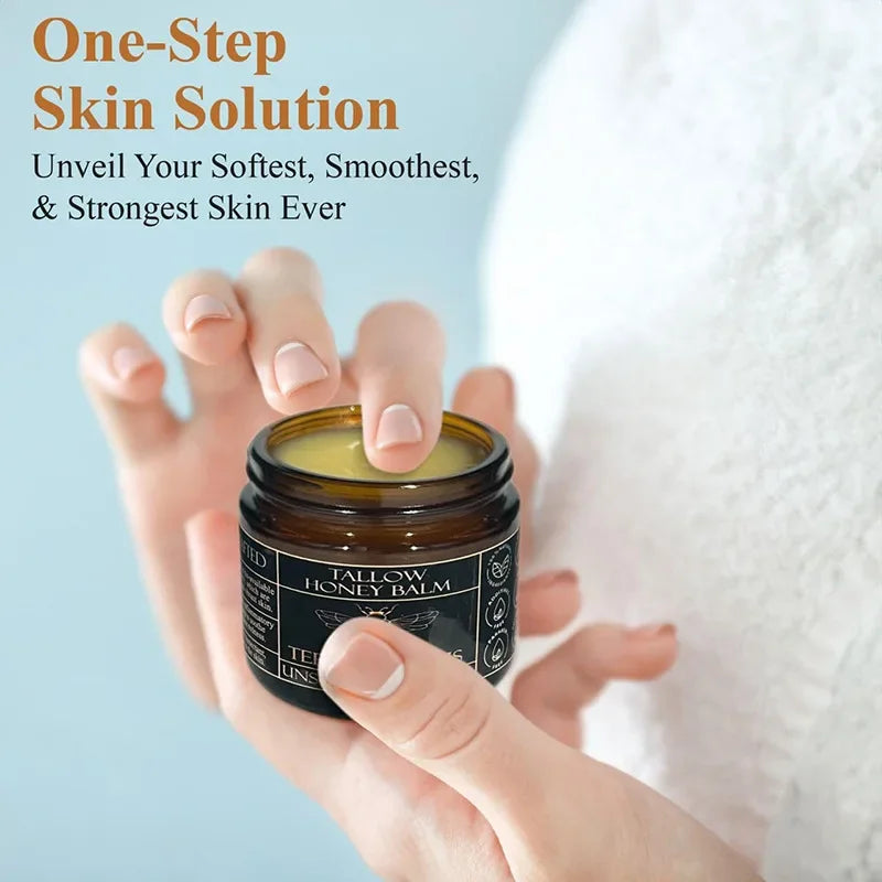 Baume Tallow de boeuf alimenté en herbe biologique, crème hydratante au miel cru pour une peau douce et lisse, hydratant entièrement naturel fait à la main