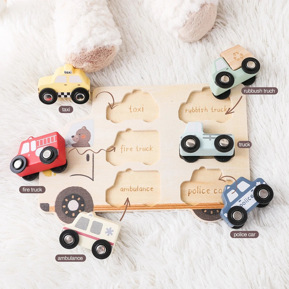 Puzzles en bois pour enfants, jouets pour bébés, Puzzle 3D Montessori, jouets éducatifs pour bébés de 2 ans, voitures, planche assortie