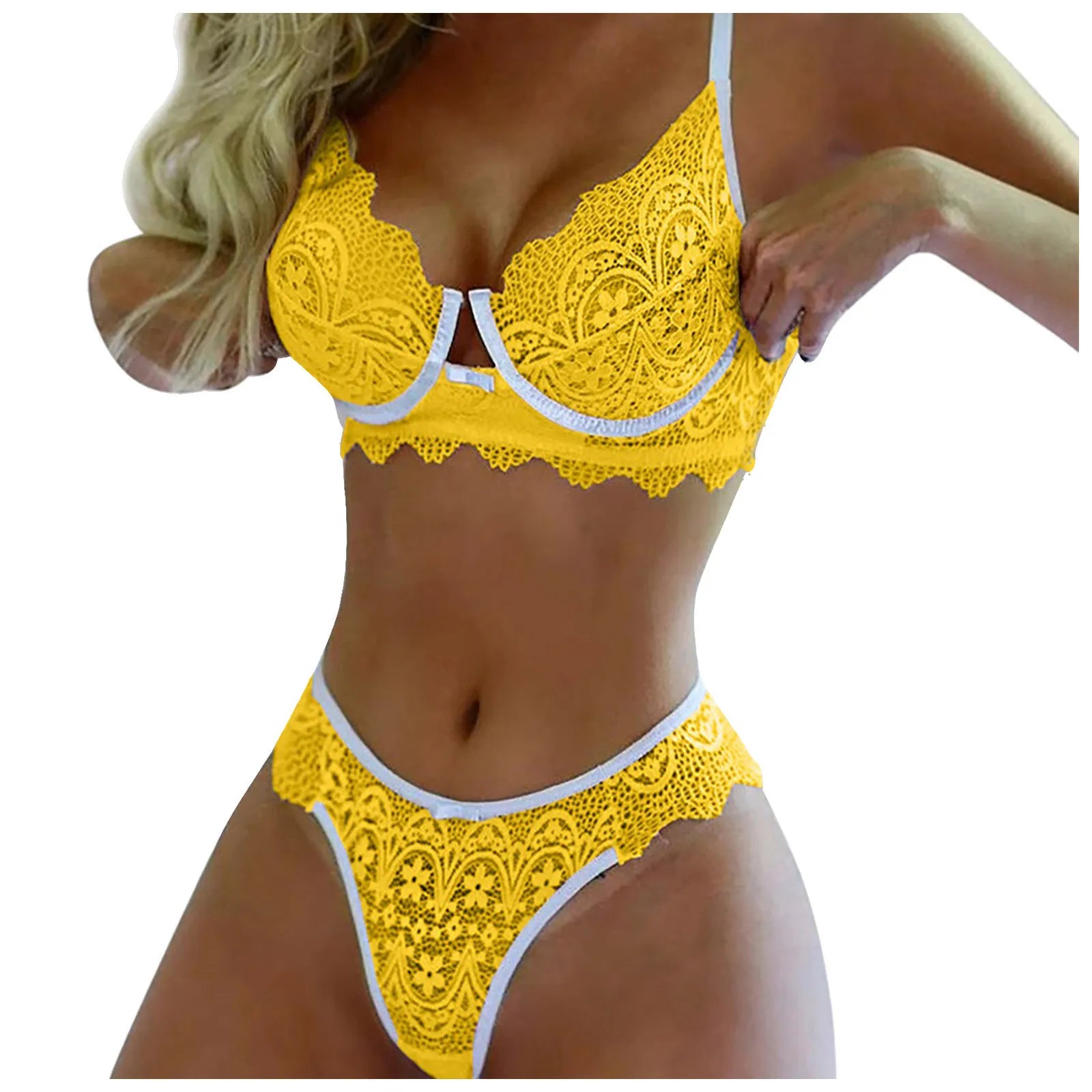 Ensemble pyjama en dentelle pour femmes, sous-vêtements Sexy, soutien-gorge à nœud papillon sans fil, string, couleur unie, ensembles de Lingerie féerique transparents