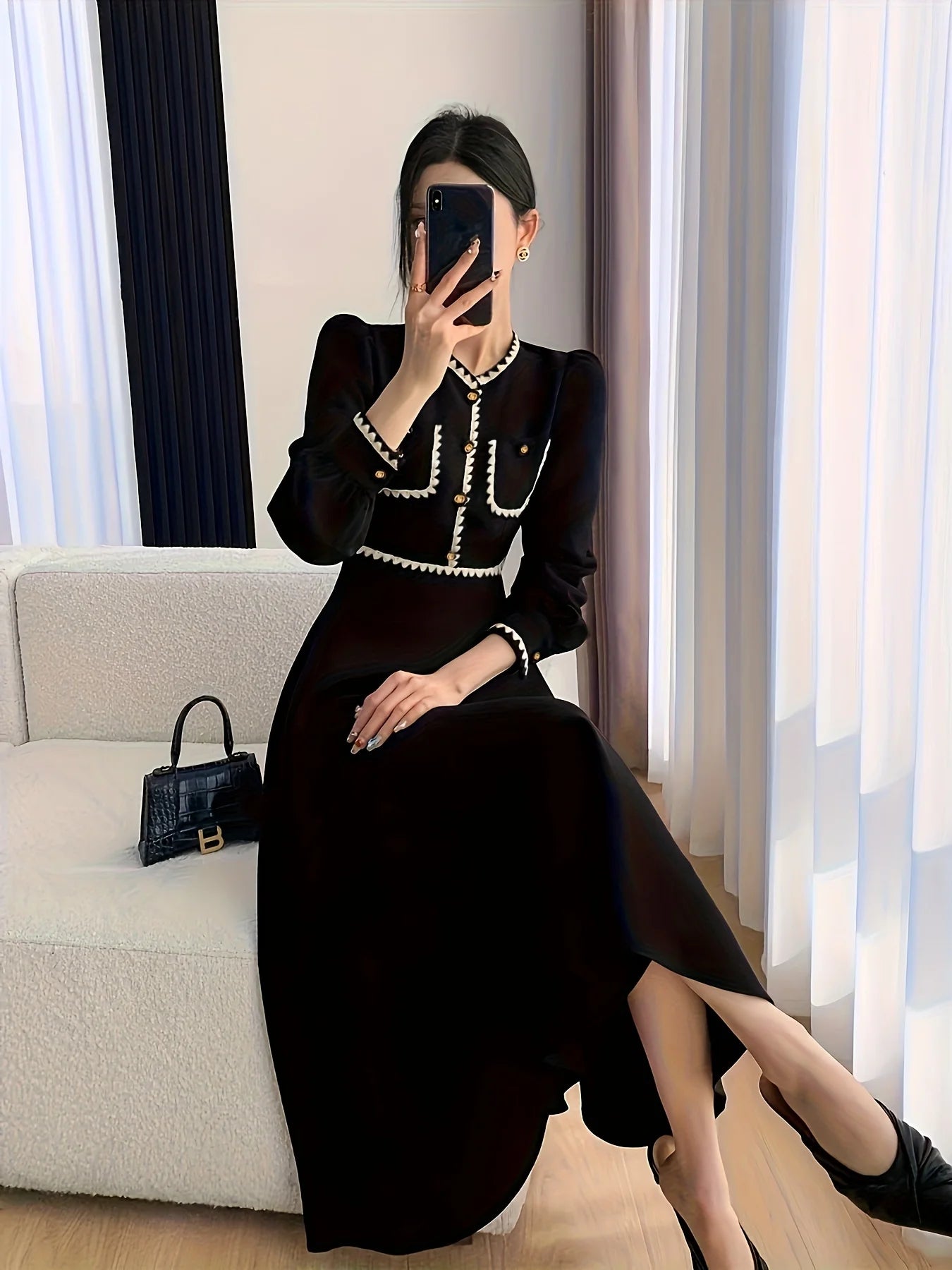[Robe élégante à col en V] Robe élégante à col en V, ligne a, garniture contrastée, manches à manchette, boutons, vêtements pour femmes pour le printemps et l'automne
