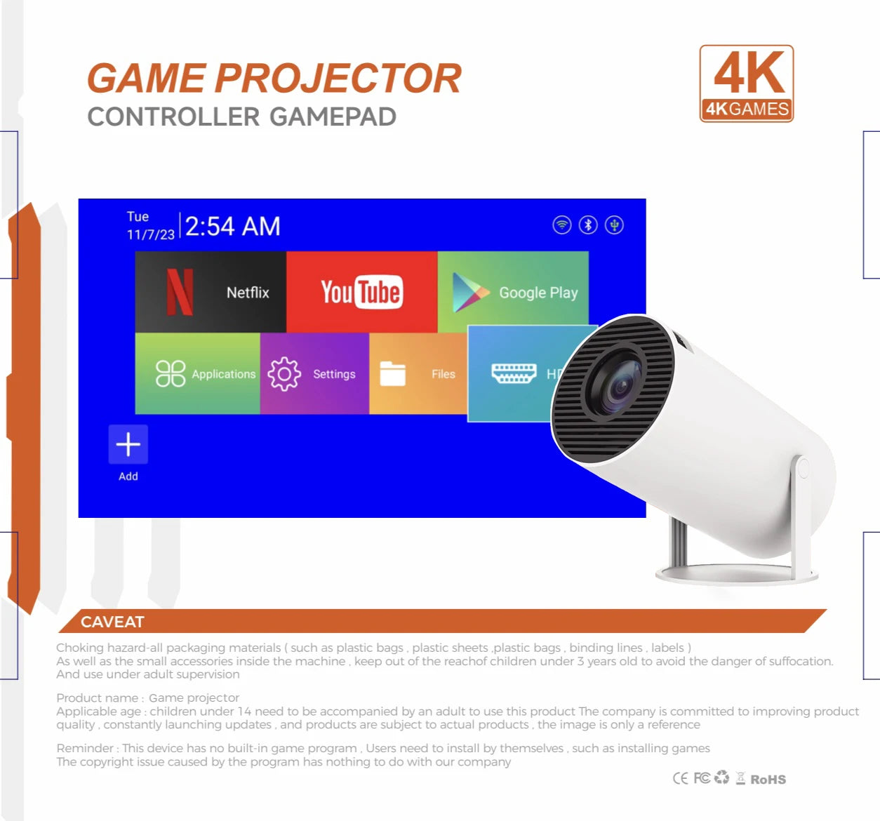 Projecteur de jeu 3D 2 en 1, contrôleur F300, boîtier TV, Android 11, 5G, WIfi, Playstore, cinéma maison, extérieur, mini projecteur portable 4k
