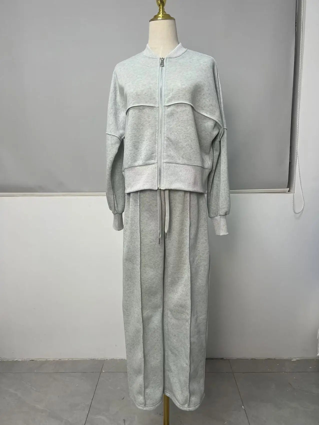 Women's two-piece casual set, solid color, sweatshirt, long sleeves, zip-up coat, long pants, pockets, elegant, autumn/winter 2025