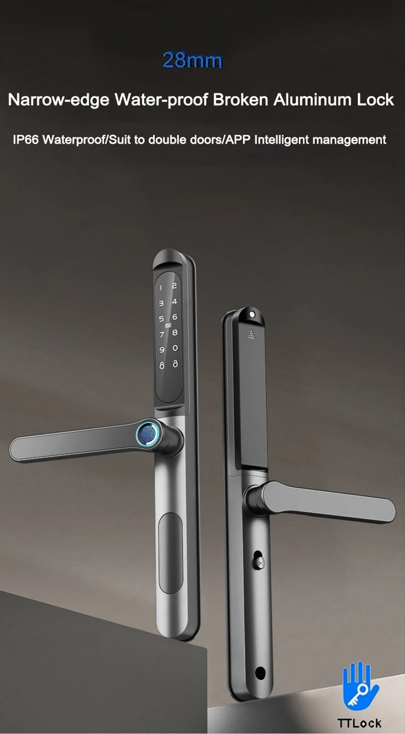 Serrure intelligente pour porte coulissante, étanche, mince, 2.8CM, mot de passe par empreinte digitale, carte IC, clé, compatible avec l'application TTlock et l'en-tête biométrique Alexa