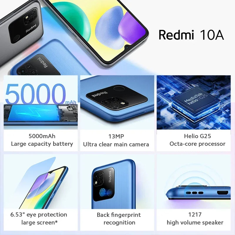 Smartphone 10A 6GB 128GB Original Xiaomi Redmi Global 6.53 'écran HD Helio G25 Octa Core 13MP empreinte digitale 5000mAh téléphone utilisé