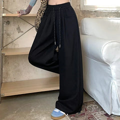Women's High-Waisted Wide-Leg Pants, Chic, Grey, Navy Blue, Korean Style, Versatile, Drawstring, Wide Legs, Baggy, Autumn