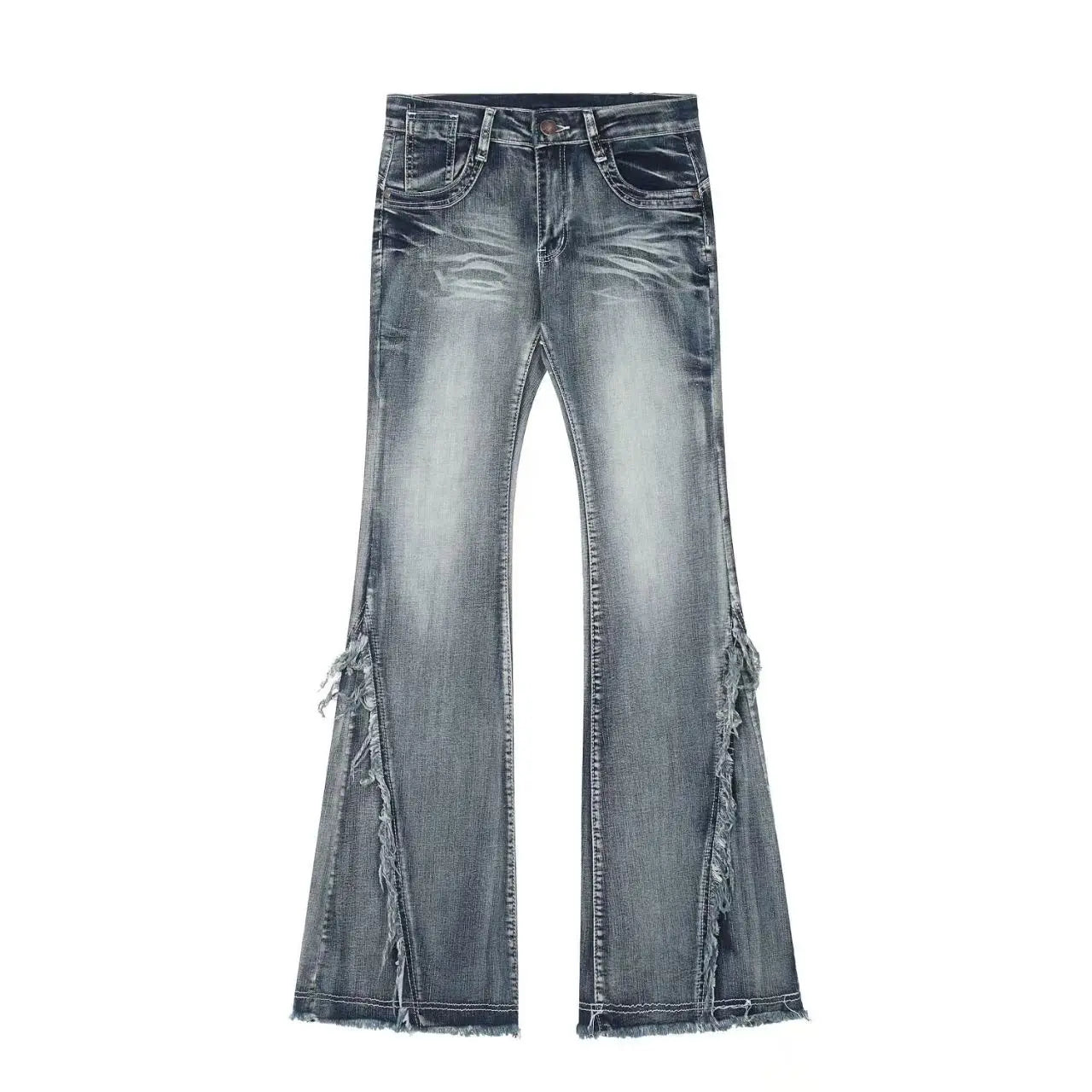 Women's Ruffled Denim Jeans, Retro American Style, Low Rise, High Elasticity, Slimming, Wide Leg, Mop Pants, Autumn