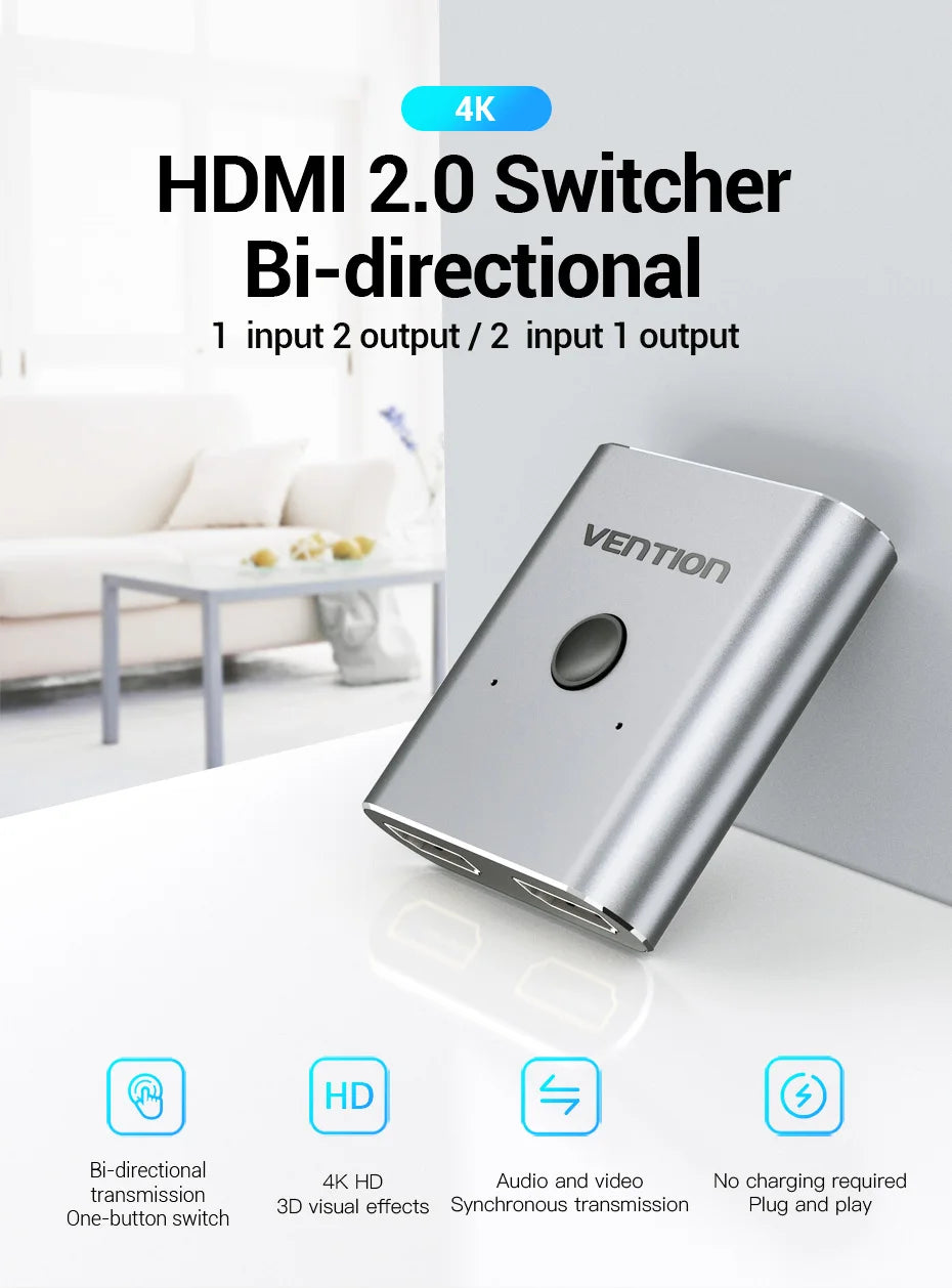 Vention HDMI commutateur 4K 60Hz bi-direction 2.0 commutateur HDMI 1x2/2x1 adaptateur pour PS4/5 Xiaomi TV Box 8K HDMI 2.1 répartiteur