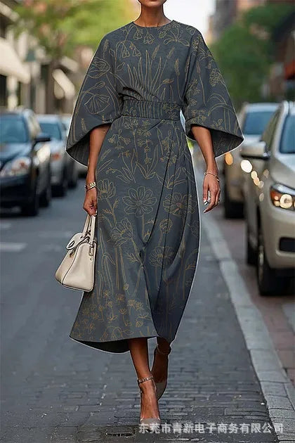 Elegant floral ocean dress for women, ankle-length, made of polyester fiber, independent station, cross-border, 2025