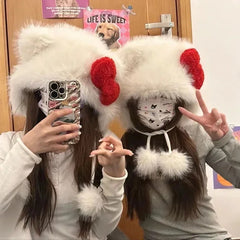 Chapeau seau mignon Hello Kitty avec cordon réglable, chapeau d'hiver à la mode, coupe-vent, matériau épais, casquette Streetwear Kawaii pour fille