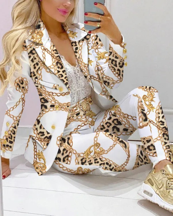 Women's Casual Striped Printed Suit, Office Lady Coat and Pant Set, Elegant Fashion Long Sleeve Top, Trousers, Two Piece Set, Female Outfit, 2023