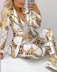 Women's Casual Striped Printed Suit, Office Lady Coat and Pant Set, Elegant Fashion Long Sleeve Top, Trousers, Two Piece Set, Female Outfit, 2023