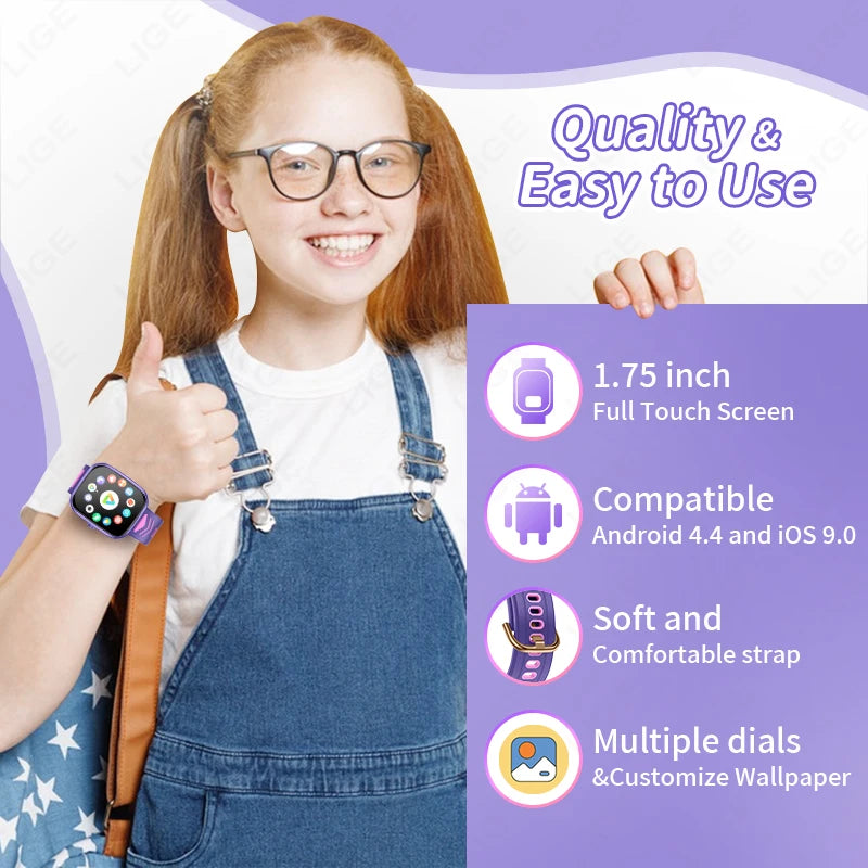 LIGE-Montre intelligente à écran tactile HD pour enfants, montre intelligente de jeux pour enfants, montre intelligente de musique, cadeau pour garçon et fille, IOS et Android, 2024
