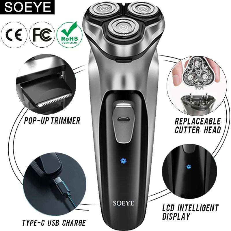 Rasoir électrique pour hommes rasoir électrique SOEYE rasoir pour hommes lame flottante 3D tondeuse à barbe Recharge USB Machine de coupe de cheveux